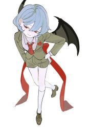 Rule 34 | 1girl, alternate costume, bat wings, blue hair, dee (tannsumi), female focus, foreshortening, formal, full body, highres, perspective, red eyes, remilia scarlet, short hair, simple background, solo, standing, tsurime, white background, wings
