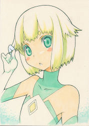 Rule 34 | 00s, 1girl, :o, bare shoulders, blonde hair, colored eyelashes, element hunters, flat chest, green eyes, twirling hair, juno (element hunters), looking at viewer, marker (medium), millipen (medium), pinky out, shirohebidou, short hair, solo, traditional media, upper body