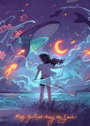 Rule 34 | 1girl, artist name, barefoot, black hair, black shorts, cloud, commentary, constellation, crescent moon, elentori, english commentary, english text, fish, floating hair, flower, flying whale, from behind, glowing, grass, hair flower, hair ornament, highres, holding, horizon, long hair, moon, night, night sky, ocean, original, outdoors, petals, purple theme, qinni (artist), shirt, short shorts, short sleeves, shorts, signature, sky, solo, standing, water, whale, white shirt, wide shot, wind