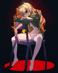 Rule 34 | 1girl, absurdres, air (visual novel), bare legs, barefoot, black background, blonde hair, blue eyes, breasts, chair, closed mouth, commentary, expressionless, eyepatch, full body, grandia lee, green jacket, highres, holding, jacket, long hair, long sleeves, looking at viewer, medium breasts, neon genesis evangelion, no bra, one eye covered, open clothes, open jacket, simple background, sitting, sitting backwards, solo, souryuu asuka langley, spread legs, unzipped, very long hair