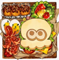 Rule 34 | bread, cheese, cherry, chives, commentary, egg (food), english commentary, foil, food, food art, food focus, fruit, gam (99jellys), hardboiled egg, kiwi (fruit), kiwi slice, lettuce, napkin, nintendo, no humans, octoling, pineapple, sandwich, simple background, splatoon (series), splatoon 3, still life, strawberry, tako-san wiener, takoyaki, tomato, tomato slice, toothpick, white background