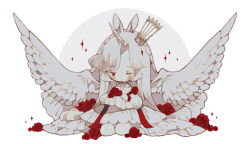 Rule 34 | 1boy, animal ears, bare shoulders, barefoot, blush stickers, chibi, circle, closed mouth, commentary, commission, deviantart sample, dress, english commentary, eyelashes, feathered wings, flower, frilled sleeves, frills, hair ornament, holding, holding flower, horns, horse ears, image sample, jewelry, kneeling, light frown, littlebluemuffin, long dress, long hair, long sleeves, male focus, necklace, one eye closed, original, own hands together, pegasus wings, red eyes, red flower, red rose, rose, single horn, solo, sparkle, straight hair, tearing up, trap, veil, white background, white dress, white hair, white horns, white veil, white wings, wings