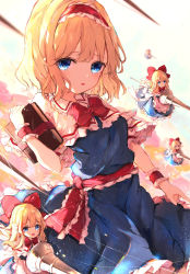 Rule 34 | 1girl, absurdres, alice margatroid, bad id, bad pixiv id, blonde hair, blue dress, blue eyes, blush, book, capelet, dress, hair between eyes, hairband, highres, holding, holding book, lance, lolita hairband, looking at viewer, parted lips, polearm, puppet strings, red hairband, revision, shanghai doll, shangurira, short hair, solo, touhou, weapon, white capelet, wrist cuffs