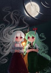 Rule 34 | 2girls, absurdres, blunt bangs, bow, bright pupils, collared shirt, commentary, dress, ex-keine, eyebrows hidden by hair, feet out of frame, fire, fire, fujiwara no mokou, full moon, glowing, grass, green dress, green hair, hands on stomach, highres, horn ornament, horns, kamishirasawa keine, long hair, long sleeves, looking at another, lying, moon, multiple girls, neckerchief, night, night sky, no mouth, on back, on ground, own hands together, pants, puffy short sleeves, puffy sleeves, red bow, red eyes, red neckerchief, red pants, reflection, ripples, shirt, short sleeves, sky, star (sky), starry sky, suspenders, sweet reverie, touhou, very long hair, water, white hair, white pupils, white shirt