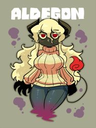 Rule 34 | 1girl, aldegon (rariatto), black skin, blue pants, breasts, character name, colored skin, demon girl, demon tail, denim, fingernails, grey background, grey sweater, highres, horns, jeans, jitome, large breasts, long hair, long sleeves, original, pants, pointy ears, rariatto (ganguri), red eyes, ribbed sweater, ringed eyes, sharp fingernails, simple background, solo, sweater, tail, thigh gap, white hair