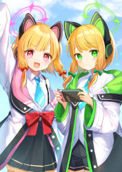 Rule 34 | 2girls, :3, absurdres, animal ear headphones, animal ears, arm up, blonde hair, blue archive, bow, cat ear headphones, collared shirt, commentary, day, fake animal ears, green eyes, hair bow, halo, handheld game console, headphones, highres, holding, holding handheld game console, hood, hoodie, jacket, long hair, long sleeves, looking at viewer, midori (blue archive), momoi (blue archive), multiple girls, necktie, nintendo switch, open mouth, pink eyes, pleated skirt, shirt, shirt tucked in, shorts, siblings, sisters, skirt, sky, sleeves past fingers, sleeves past wrists, smile, suspender skirt, suspenders, twins, yaminabe (szhal14)