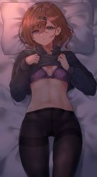 Rule 34 | 1girl, bed, bed sheet, black hoodie, black pantyhose, blush, bow, bow panties, bra, breasts, brown hair, clothes lift, commentary request, crotch seam, eyes visible through hair, from above, gusset, hair ornament, hairclip, highres, higuchi madoka, hood, hoodie, idolmaster, idolmaster shiny colors, lifting own clothes, long sleeves, looking at viewer, lying, mole, mole under eye, navel, no pants, on back, on bed, open mouth, panties, panties under pantyhose, pantyhose, pillow, purple bra, purple eyes, purple panties, rangen, shirt lift, short hair, small breasts, solo, thighband pantyhose, underwear