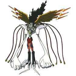Rule 34 | 1boy, absurdres, armor, black hair, cable, claws, digimon, digimon (creature), fiery hair, full body, gravimon, gravimon darkness mode, highres, long hair, multiple wings, official art, scan, solo, standing, toei animation, transparent background, wings