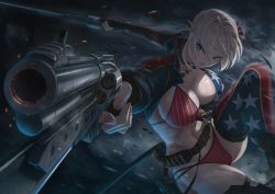 Rule 34 | 1girl, action, aiming, aiming at viewer, american flag bikini, american flag print, asymmetrical gloves, asymmetrical hair, bandolier, bikini, black choker, blue eyes, boots, breasts, bullet, bun cover, choker, cleavage, close-up, cowboy boots, dual wielding, fate/grand order, fate (series), finger on trigger, fingerless gloves, flag print, front-tie bikini top, front-tie top, gloves, grin, gun, gunblade, handgun, highres, holding, imizu (nitro unknown), jumping, large breasts, mismatched gloves, miyamoto musashi (fate), miyamoto musashi (fate/grand order), miyamoto musashi (swimsuit berserker) (fate), miyamoto musashi (swimsuit berserker) (second ascension) (fate), navel, pistol, pouch, print bikini, revolver, shiny skin, shrug (clothing), single thighhigh, skindentation, smile, solo, spurs, swimsuit, thigh pouch, thighhighs, weapon