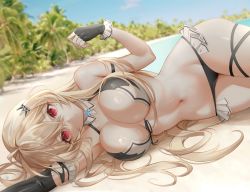 Rule 34 | 1girl, absurdres, arm warmers, armpits, bare shoulders, beach, bikini, black bikini, black gloves, blonde hair, breasts, cleavage, closed mouth, commission, cream, cream (cream), day, detached collar, expressionless, fingerless gloves, frilled bikini, frills, front-tie bikini top, front-tie top, gloves, hair ornament, hairclip, halterneck, halterneck, hand up, highres, large breasts, long hair, looking at viewer, lying, mole, mole under eye, navel, on side, original, outdoors, palm tree, red eyes, solo, stomach, string bikini, swimsuit, thigh strap, thighs, torn arm warmers, tree, very long hair, whois