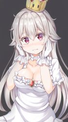 Rule 34 | 1girl, blush, breasts, cleavage, closed mouth, collarbone, commentary request, crown, dress, fangs, fangs out, frilled dress, frills, gloves, grey background, grey hair, hair between eyes, hair flaps, hands on own face, head tilt, keiran (ryo170), large breasts, long hair, luigi&#039;s mansion, mario (series), mini crown, new super mario bros. u deluxe, nintendo, nose blush, princess king boo, puffy short sleeves, puffy sleeves, purple eyes, short sleeves, simple background, solo, super crown, tears, very long hair, wavy mouth, white dress, white gloves