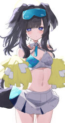 Rule 34 | 1girl, animal ears, bare shoulders, black hair, blue archive, blue eyes, blue ribbon, blush, breasts, cheerleader, cowboy shot, crop top, detached collar, dog ears, dog girl, dog tail, goggles, goggles on head, halo, hibiki (blue archive), hibiki (cheer squad) (blue archive), highres, long hair, looking at viewer, millennium cheerleader outfit (blue archive), miniskirt, namaonpa, navel, pom pom (cheerleading), purple eyes, ribbon, sidelocks, simple background, skirt, small breasts, solo, tail, thighs, twintails, white background