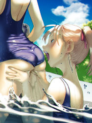 Rule 34 | 2girls, ass, ass grab, blue eyes, blue one-piece swimsuit, commentary request, light brown hair, multiple girls, one-piece swimsuit, open mouth, original, outdoors, partially submerged, pool, school swimsuit, soon (c-u-soon), swimsuit, teeth, upper teeth only, water, wet, yuri