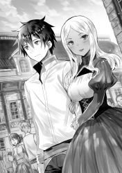 Rule 34 | :d, blush, corset, dark skin, day, dress shirt, floating hair, fuzichoco, greyscale, hachinan tte sore wa nai deshou!, highres, locked arms, long hair, long sleeves, monochrome, multiple boys, multiple girls, novel illustration, official art, open mouth, outdoors, pants, parted bangs, road, shirt, smile, street, wendelin von benno baumeister