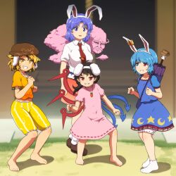 Rule 34 | 1boy, 4girls, animal ears, asymmetrical wings, baggy shorts, barefoot, behind another, black hair, blonde hair, bloomers, blue eyes, blue hair, brown hair, carrot, carrot necklace, collared shirt, commentary request, cosplay, day, dress, facial hair, fake animal ears, frills, full body, grin, hairband, hat, heterochromia, highres, houjuu nue, inaba tewi, inaba tewi (cosplay), jewelry, kumoi ichirin, legs apart, long hair, looking at another, looking at viewer, medium hair, midriff peek, multicolored hair, multiple girls, mustache, necklace, necktie, no shoes, orange eyes, orange shirt, outdoors, parted lips, pink dress, purple eyes, purple hair, purple umbrella, rabbit ears, red eyes, reisen udongein inaba, reisen udongein inaba (cosplay), ringo (touhou), ringo (touhou) (cosplay), seiran (touhou), seiran (touhou) (cosplay), shirosato, shirt, shorts, skirt, slit pupils, smile, socks, standing, streaked hair, tatara kogasa, toes, toramaru shou, touhou, two-tone hair, umbrella, underwear, unzan, white bloomers, white shirt, wing collar, wings