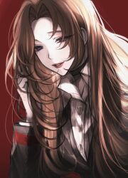 Rule 34 | 1girl, black coat, blue eyes, brown hair, coat, collared shirt, hand up, highres, limbus company, lips, long hair, long sleeves, looking at viewer, luull, parted bangs, parted lips, project moon, red background, rodion (project moon), shirt, simple background, solo, upper body, very long hair, white shirt