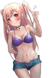 Rule 34 | 1girl, absurdres, bikini, blue shorts, breasts, choker, cleavage, commentary request, cowboy shot, cutoffs, denim, denim shorts, highres, johnston (kancolle), kantai collection, light brown hair, long hair, medium breasts, mmk, one-hour drawing challenge, playing with own hair, purple bikini, red eyes, shorts, simple background, solo, swimsuit, two side up, white background