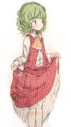 Rule 34 | 1girl, ascot, blush, buttons, child, closed mouth, clothes lift, collared shirt, dot mouth, expressionless, female focus, flat chest, flower, frilled skirt, frills, green hair, hands up, kazami yuuka, lifted by self, long sleeves, looking to the side, open clothes, open vest, orange ascot, plaid, plaid skirt, plaid vest, red eyes, red skirt, red vest, ripu (lipi), shirt, short hair, sidelocks, simple background, sketch, skirt, skirt lift, skirt set, solo, standing, touhou, vest, wavy hair, white background, white flower, white shirt