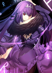 Rule 34 | 1girl, absurdres, arm up, ass, back, back cutout, black background, black ribbon, breasts, brown pantyhose, closed mouth, clothing cutout, commentary request, cowboy shot, dress, fate/grand order, fate (series), frilled dress, frills, from behind, fur collar, fur trim, glowing, hair between eyes, hair ribbon, headpiece, highres, jewelry, large breasts, light particles, light trail, long dress, long hair, long sleeves, looking at viewer, looking back, pantyhose, paperfinger, purple dress, purple hair, red eyes, revision, ribbon, runes, scathach (fate), scathach skadi (fate), smile, solo, standing, symbol, tiara, v-shaped eyebrows, v-shaped eyes, wind, wind lift