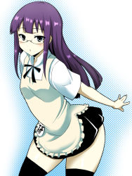 Rule 34 | 1girl, apron, badge, bespectacled, black thighhighs, blue eyes, glasses, halftone, halftone background, leaning forward, long hair, outstretched arms, parted lips, purple hair, skirt, solo, thighhighs, tsurime, waitress, wakame, working!!, yamada aoi, zettai ryouiki