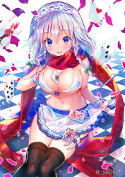 Rule 34 | 1girl, :d, ace (playing card), ace of hearts, apron, apron hold, artist name, ayane yui, between breasts, bikini, bikini top only, black thighhighs, blue eyes, blush, braid, breasts, card, checkered floor, commentary request, feet out of frame, flandre scarlet, frilled apron, frills, gradient background, green ribbon, hair between eyes, hair ribbon, heart, highres, holding, holding card, holster, izayoi sakuya, knife, large breasts, looking at viewer, maid apron, maid headdress, navel, open mouth, petals, playing card, red scarf, remilia scarlet, ribbon, rose petals, scarf, short hair, silver hair, sitting, smile, solo, sparkle, stomach, swimsuit, thigh holster, thighhighs, thighs, touhou, twin braids, twitter username, waist apron, white apron, white background, white bikini, wrist cuffs