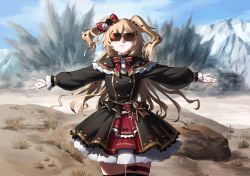 Rule 34 | 1girl, absurdres, akai haato, akai haato (gothic lolita), black capelet, black dress, blonde hair, bow, bowtie, capelet, closed mouth, cowboy shot, dress, explosion, facing viewer, frilled capelet, frills, hair bow, hair ornament, heart, heart hair ornament, highres, hololive, iron man, iron man (2008), long hair, long sleeves, marvel, marvel cinematic universe, nemoto yuuma, outdoors, outstretched arms, puffy long sleeves, puffy sleeves, red bow, red bowtie, solo, spread arms, standing, sunglasses, thigh strap, two side up, very long hair, virtual youtuber