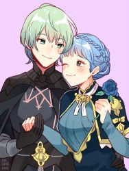 Rule 34 | 1boy, 1girl, armor, black armor, blue dress, blue hair, blush, braid, brown eyes, byleth (fire emblem), byleth (male) (fire emblem), crown braid, dress, erichankun, fire emblem, fire emblem: three houses, flower, green eyes, green hair, holding hands, jewelry, light blue hair, looking at another, marianne von edmund, nintendo, one eye closed, purple background, short hair, simple background, smile