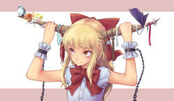 Rule 34 | 1girl, arms up, bare arms, bare shoulders, bird, blonde hair, blush, bow, bowtie, brown background, brown hair, chain, commentary request, cuffs, flower, grabbing, hair bow, horn bow, horn flower, horn grab, horn ornament, horn ribbon, horns, ibuki suika, long hair, looking up, oni, oni horns, orange flower, pink flower, pointy ears, purple ribbon, red bow, red bowtie, ribbon, roke (taikodon), shackles, shirt, sidelocks, sleeveless, sleeveless shirt, smile, solo, touhou, two-tone background, upper body, white background, white bow, white flower, white shirt, wrist cuffs