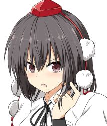 Rule 34 | 1girl, anime coloring, black hair, black ribbon, blush, close-up, collared shirt, embarrassed, grey eyes, hair between eyes, hand up, hat, highres, long sleeves, looking at viewer, medium hair, neck ribbon, open mouth, pom pom (clothes), portrait, ribbon, rise (rise19851203), shameimaru aya, shirt, simple background, solo, split mouth, sweatdrop, tokin hat, touhou, tsundere, twirling hair, white background, white shirt