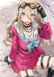 Rule 34 | 1girl, adjusting eyewear, black gloves, blonde hair, blue eyes, blush, breasts, choker, cleavage, commentary request, crying, crying with eyes open, danganronpa (series), danganronpa v3: killing harmony, fingerless gloves, from above, garter straps, gloves, goggles, goggles on head, hews, highres, iruma miu, large breasts, long hair, long sleeves, looking at viewer, on bed, open mouth, pink serafuku, pink skirt, pleated skirt, sailor collar, school uniform, serafuku, sitting, skirt, solo, tears, thigh strap