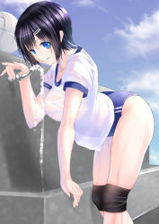 Rule 34 | 1girl, bad id, bad pixiv id, black hair, blue eyes, breasts, buruma, cloud, day, drinking fountain, gradient background, gym uniform, hair ornament, hairclip, large breasts, looking at viewer, original, ponytail korosuke, see-through, short hair, sky, solo, water, wet, wet clothes