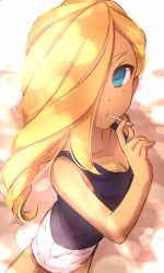 Rule 34 | 1girl, bare arms, bare shoulders, blonde hair, blue eyes, breasts, candy, character request, cleavage, dark skin, dark-skinned female, food, foreshortening, hair over one eye, highres, inazuma eleven (series), lollipop, long hair, mouth hold, one eye covered, outdoors, purple shirt, reiza, sekina, shirt, solo, standing, white legwear