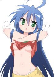 Rule 34 | 1girl, absurdres, ahoge, averting eyes, blue hair, blush, breasts, clothes lift, cynical (llcbluckg c004), green eyes, highres, izumi konata, lifting own clothes, long hair, lucky star, mole, mole under eye, navel, nipples, open mouth, red shirt, shirt, shirt lift, shorts, signature, small breasts, solo, steam, undressing, white background, yellow shorts