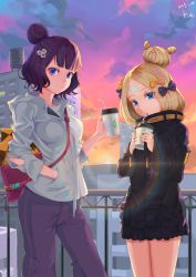 Rule 34 | 2girls, abigail williams (fate), abigail williams (traveling outfit) (fate), bendy straw, black bow, black jacket, blonde hair, blue eyes, bow, breasts, building, closed mouth, cloud, cloudy sky, commentary request, cup, dated, disposable cup, drinking straw, fate/grand order, fate (series), grey hoodie, hair bow, hair bun, hand in pocket, heroic spirit traveling outfit, highres, holding, holding cup, hood, hood down, hoodie, jacket, katsushika hokusai (fate), katsushika hokusai (traveling outfit) (fate), kiaji (pixiv7643817), long hair, long sleeves, multiple girls, hugging object, official alternate costume, orange bow, pants, parted bangs, parted lips, polka dot, polka dot bow, purple hair, purple pants, signature, single hair bun, sky, sleeves past wrists, small breasts, smile, stuffed animal, stuffed toy, sunset, teddy bear