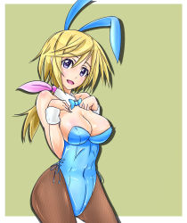 Rule 34 | 10s, 1girl, animal ears, bare shoulders, blonde hair, bow, bowtie, breasts, charlotte dunois, cleavage, covered erect nipples, covered navel, cowboy shot, detached collar, fake animal ears, fishnet pantyhose, fishnets, green background, hair between eyes, hair ribbon, hands on own chest, hip focus, infinite stratos, kemonomimi mode, large breasts, leotard, long hair, looking at viewer, low ponytail, monte (koupin), navel, open mouth, pantyhose, playboy bunny, ponytail, purple eyes, rabbit ears, ribbon, shadow, sideboob, simple background, smile, solo, standing, strapless, wrist cuffs