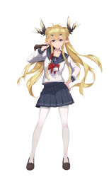 Rule 34 | 1girl, absurdres, alternate costume, arknights, arm up, bag, black sailor collar, black skirt, blonde hair, bow, briefcase, brown footwear, closed mouth, collarbone, hand on own hip, highres, holding, holding bag, horns, huai chuan, id card, leizi (arknights), loafers, long hair, long sleeves, looking at viewer, miniskirt, pantyhose, pleated skirt, pointy ears, purple eyes, red bow, sailor collar, school briefcase, school uniform, serafuku, shirt, shoes, sidelocks, skirt, smile, solo, standing, twintails, very long hair, white pantyhose, white shirt