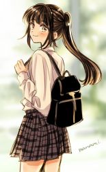 Rule 34 | 1girl, backpack, bag, black bag, blurry, blurry background, blush, brown eyes, brown hair, brown skirt, closed mouth, commentary request, hand up, happy, holding strap, long hair, long sleeves, looking at viewer, looking back, miniskirt, original, plaid, plaid skirt, pleated skirt, ponytail, school bag, school uniform, shirt, shirt tucked in, signature, skirt, smile, solo, standing, sugano manami, white shirt