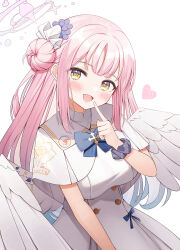 Rule 34 | 1girl, blue archive, dress, heart, highres, long hair, looking at viewer, mika (blue archive), open mouth, pink hair, pluto (97dwnstjq), smile, solo, wings, yellow eyes