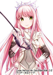 Rule 34 | 1girl, absurdly long hair, blush, breasts, character name, closed mouth, copyright name, elbow gloves, fate (series), gloves, holding, holding riding crop, long hair, looking at viewer, medb (fate), medium breasts, na53, official art, pink hair, riding crop, smile, solo, very long hair, white gloves, yellow eyes
