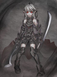 Rule 34 | 1girl, armor, bare shoulders, bike shorts, black sclera, boots, cape, colored sclera, colored skin, dark scalera, dual wielding, gauntlets, greaves, grey skin, holding, long hair, original, pigeon-toed, pixiv fantasia, pixiv fantasia fallen kings, pointy ears, purutoppu (toranohige), red eyes, sleeveless, solo, standing, thigh boots, thighhighs