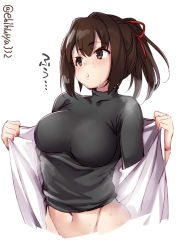 Rule 34 | 1girl, blush, breasts, brown eyes, brown hair, closed mouth, ebifurya, hair between eyes, hair ribbon, highres, ise (kancolle), kantai collection, large breasts, looking away, navel, one-hour drawing challenge, open clothes, ponytail, red ribbon, ribbon, short hair, simple background, skin tight, solo, sweatdrop, twitter username, white background