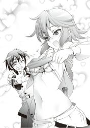 Rule 34 | 1boy, 1girl, :d, belt, bra, breasts, choco (chocolate shop), clenched teeth, clothes lift, dress shirt, greyscale, groin, hair between eyes, heart, infinite stratos, jacket, long sleeves, military jacket, monochrome, navel, novel illustration, official art, open mouth, orimura ichika, outstretched arm, pants, sarashiki tatenashi, shirt, shirt lift, short hair, small breasts, smile, standing, teeth, underwear, upper body