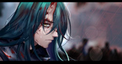 Rule 34 | 1girl, absurdres, arknights, blood, blood on clothes, blood on face, blood splatter, chinese commentary, closed mouth, from side, glaring, green hair, highres, horns, hoshiguma (arknights), lan yu, letterboxed, long hair, looking at viewer, portrait, profile, rain, red rain, single horn, skin-covered horns, solo, wet, yellow eyes