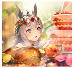 Rule 34 | 1girl, ahoge, animal ears, black hair, blue eyes, blurry, blurry background, blurry foreground, bow, cake, christmas, christmas ornaments, christmas tree, commentary request, depth of field, drooling, food, fruit, grey hair, hair between eyes, hair bow, highres, horse ears, lemon, long hair, looking away, meat, mouth drool, multicolored hair, official alternate costume, oguri cap (miraculous white star) (umamusume), oguri cap (umamusume), parted lips, saliva, shirt, solo, striped, striped bow, tsunakawa, two-tone hair, umamusume, white hair, white shirt