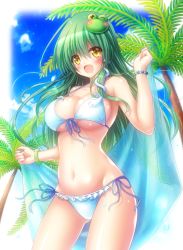 Rule 34 | 1girl, :d, bare shoulders, bikini, blue sky, blush, breasts, commentary request, cowboy shot, day, eyes visible through hair, frog hair ornament, front-tie bikini top, front-tie top, green hair, hair between eyes, hair ornament, halterneck, highres, kochiya sanae, large breasts, long hair, looking at viewer, navel, open mouth, osashin (osada), outdoors, palm tree, sarong, side-tie bikini bottom, sky, smile, snake hair ornament, solo, stomach, string bikini, swimsuit, touhou, tree, white bikini, yellow eyes