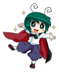Rule 34 | 1girl, antenna hair, antennae, blush, blush stickers, byourou, cape, green eyes, green hair, matching hair/eyes, open mouth, short hair, simple background, solo, sparkle, touhou, white background, wriggle nightbug