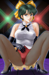 Rule 34 | 1980s (style), 1girl, aged up, ass, blue eyes, bow, breasts, covered erect nipples, elbow gloves, gloves, green hair, hair bow, hair ribbon, high heels, highres, kazuki mai, large breasts, lens flare, lips, magical emi, magical girl, mahou no star magical emi, oldschool, pantyhose, partially visible vulva, retro artstyle, ribbon, shoes, short hair, solo, spread legs, toten (der fuhrer), yellow bow