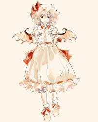 Rule 34 | 1girl, closed mouth, commentary, dress, frilled dress, frills, full body, full lake, hands up, hat, highres, looking at viewer, medium hair, mob cap, red eyes, red ribbon, remilia scarlet, ribbon, short sleeves, simple background, socks, solo, standing, touhou, white dress, white hat, white socks, wings, wrist cuffs