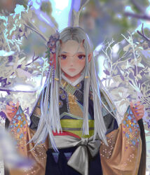 Rule 34 | 1girl, absurdres, black kimono, blush, branch, brown kimono, closed mouth, commentary, cowboy shot, dated commentary, english commentary, fingernails, flower, grey hair, hair flower, hair ornament, hands up, highres, horns, japanese clothes, kimono, lips, long hair, mole, mole under eye, multicolored clothes, multicolored kimono, nail polish, obi, obijime, oni, original, pointy ears, purple eyes, purple flower, purple kimono, purple nails, sash, skin-covered horns, sleeves past wrists, solo, wide sleeves, wowmoto2