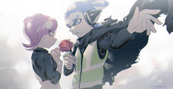 Rule 34 | 1boy, 1girl, agent 3 (splatoon), agent 8 (splatoon), asymmetrical sleeves, black shirt, blue eyes, blue hair, blue tongue, blush, cape, closed mouth, colored tongue, commentary, flower, foreshortening, hair pulled back, hands on own chest, headgear, hetero, holding, holding flower, inkling, inkling boy, inkling player character, jinkoika, long sleeves, looking at another, medium hair, midriff, nintendo, octoling, octoling girl, octoling player character, open mouth, orange eyes, outstretched arm, parted lips, pointy ears, red flower, red hair, red rose, rose, shirt, splatoon (series), splatoon 1, splatoon 2, splatoon 2: octo expansion, squidbeak splatoon, standing, suction cups, tentacle hair, topknot, torn cape, torn clothes, twitter username, uneven sleeves, vest, yellow vest